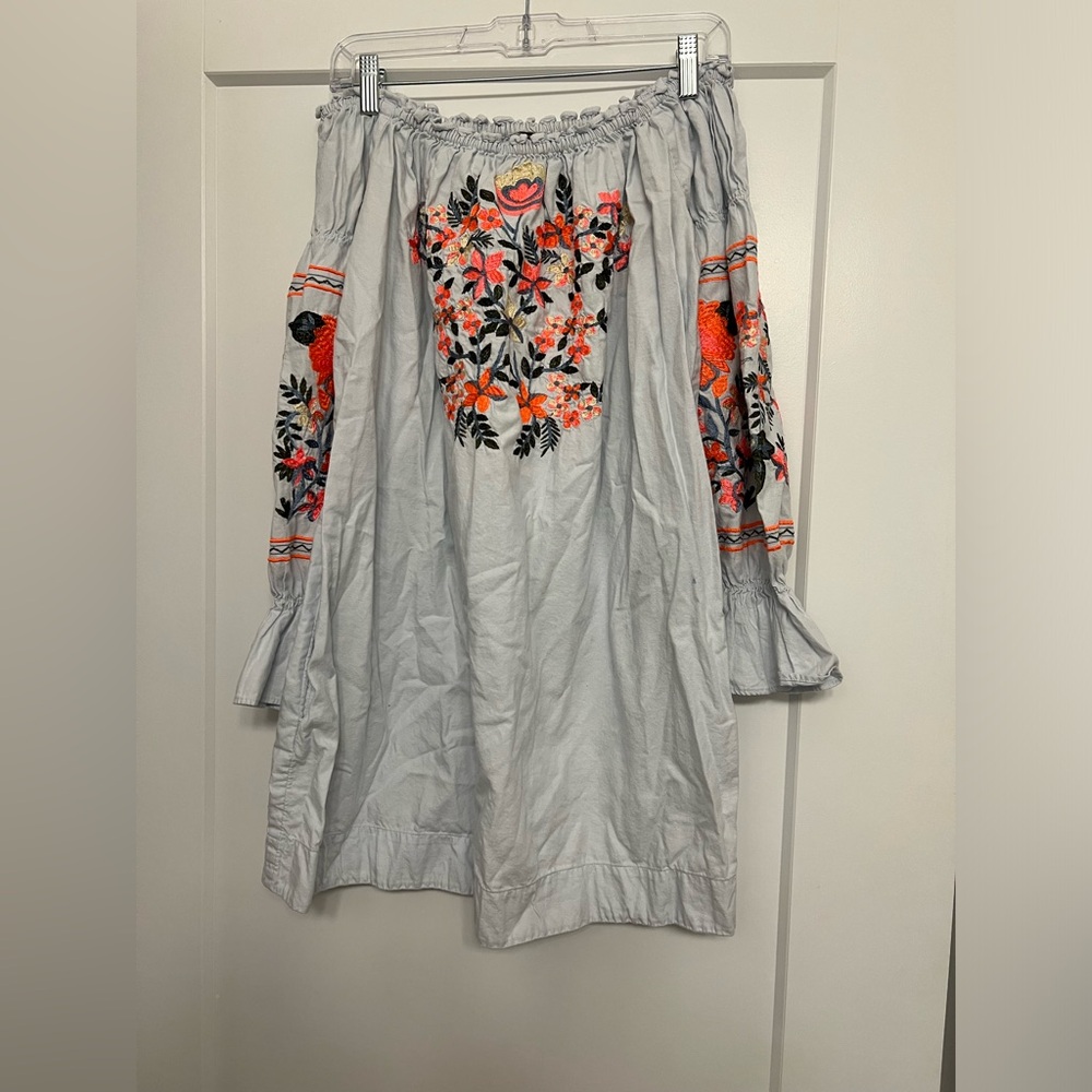Free People Light Blue Dress with Floral Stitching Size Medium